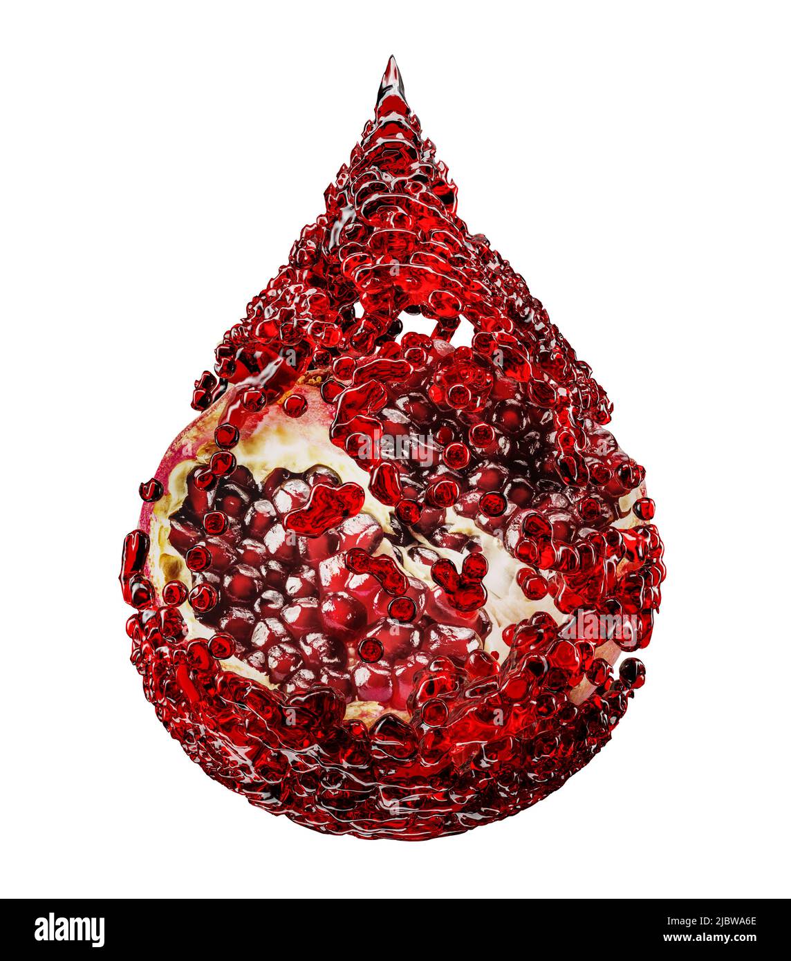 pomegranate in juice splashing in shape of drop with clipping path on a white background. 3d rendering. Stock Photo