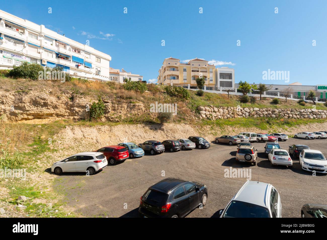 NERJA, SPAIN 04 MARCH 2022 Free parking in a seaside small town, a