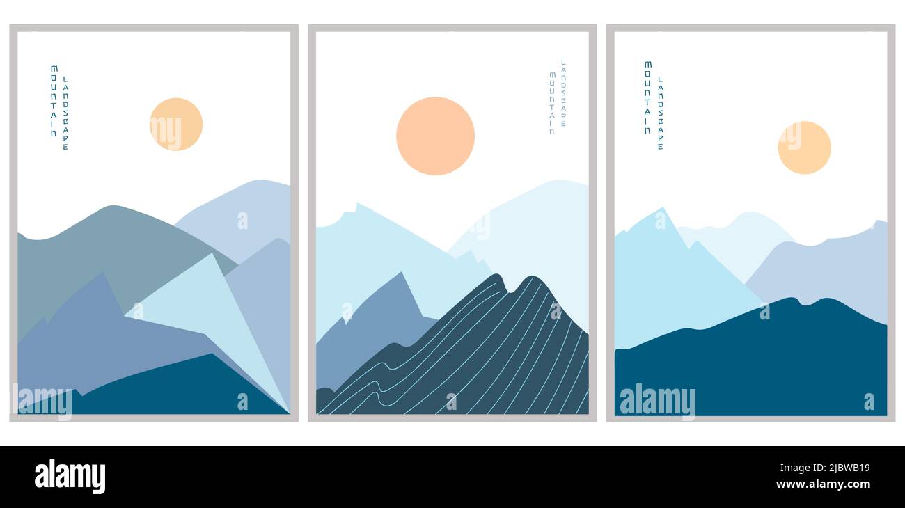Vector illustration mountain landscape posters with yellow sun. Geometric landscape background