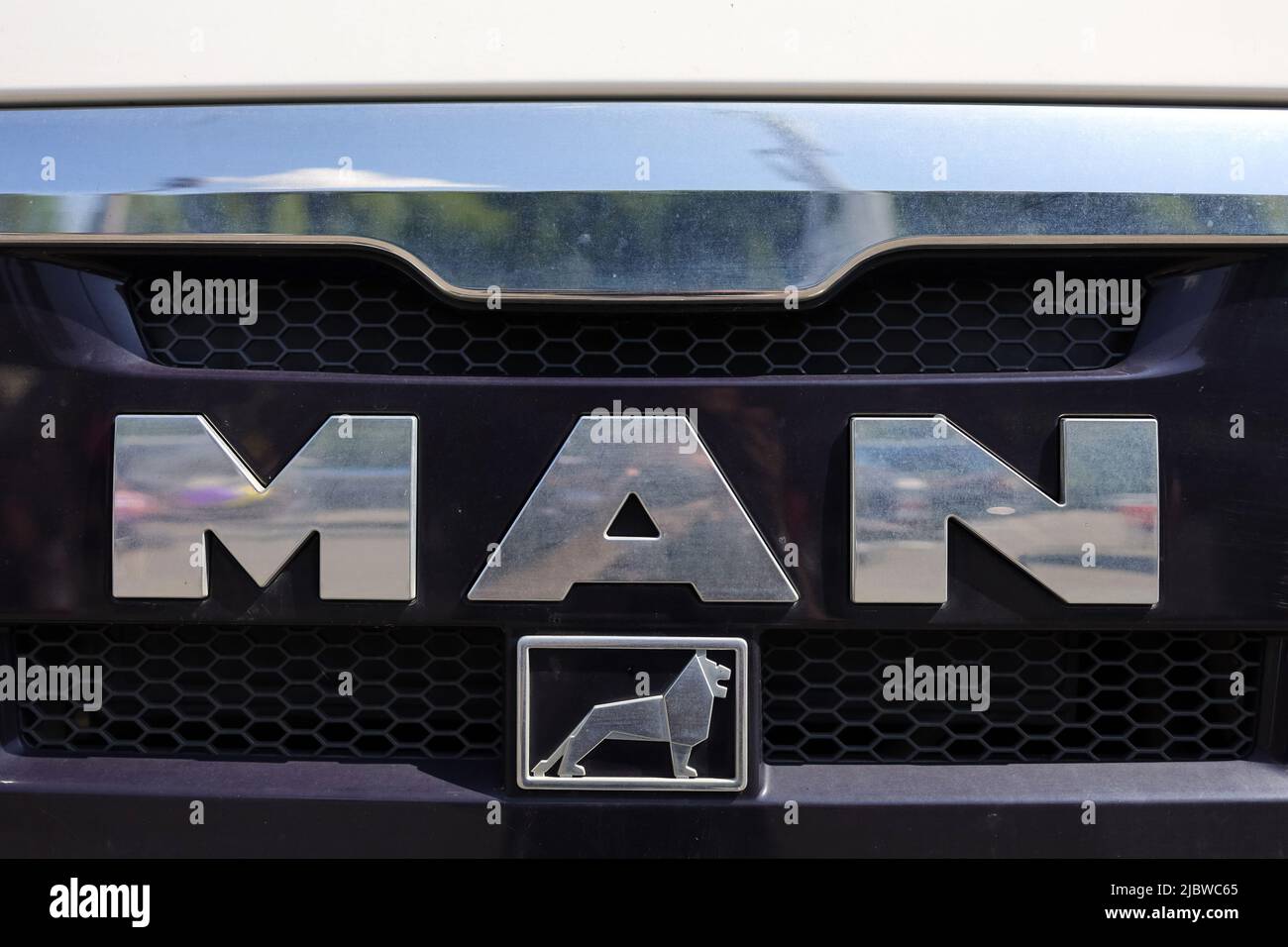 Koprivnice, Czech Republic, Czechia - 5 June, 2022: Man - logo and brand of manufacturer of truck and commercial vehicle. Frontal detail. Stock Photo