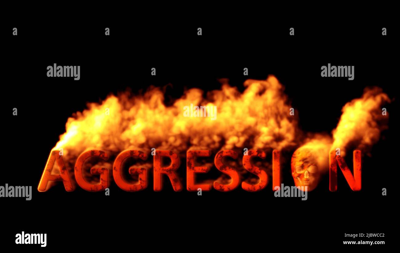 Text aggression with human skull burning on black bg, isolated - object ...