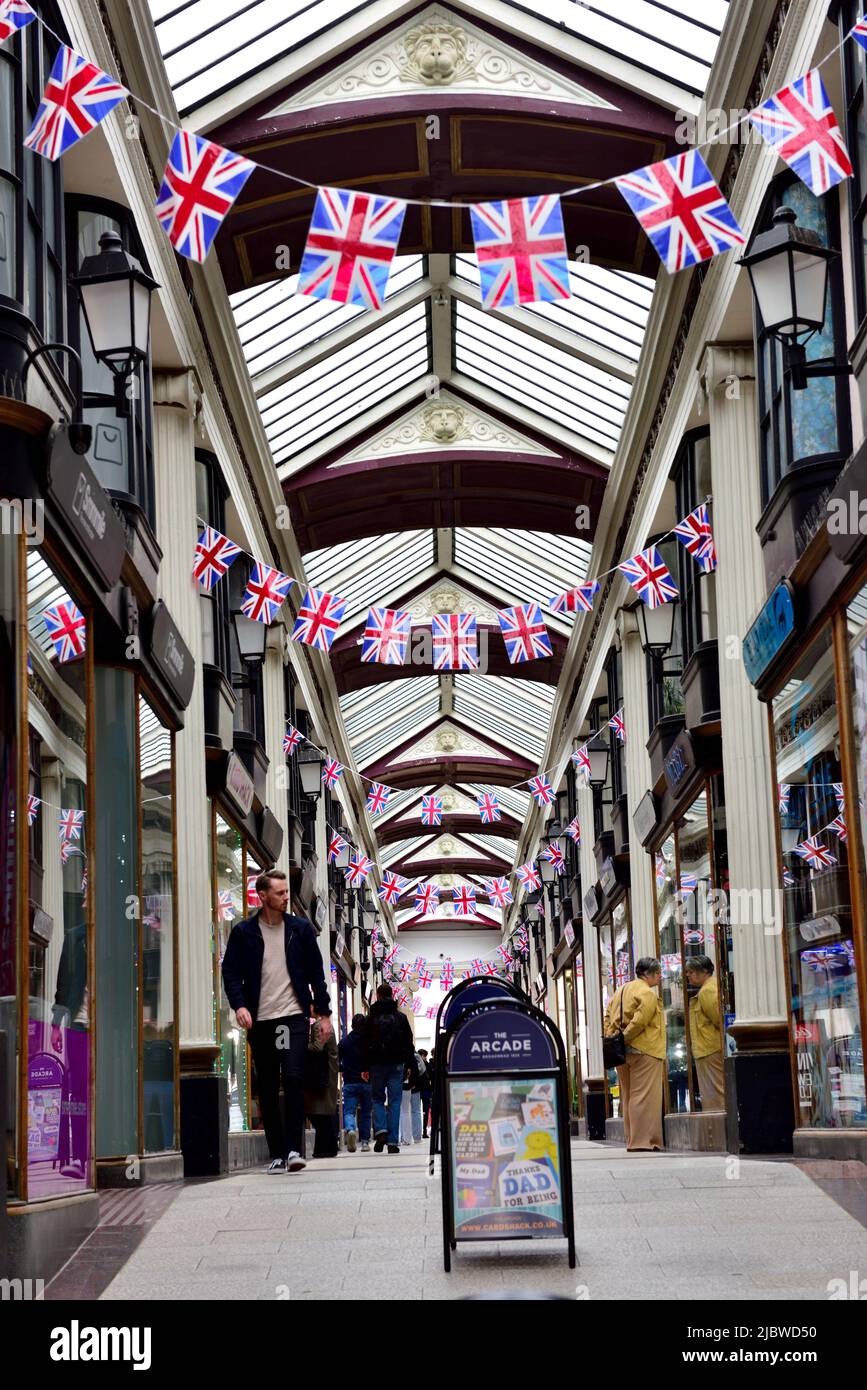 Inside The Arcade, Broadmead, Bristol with British union jack bunting Stock Photo