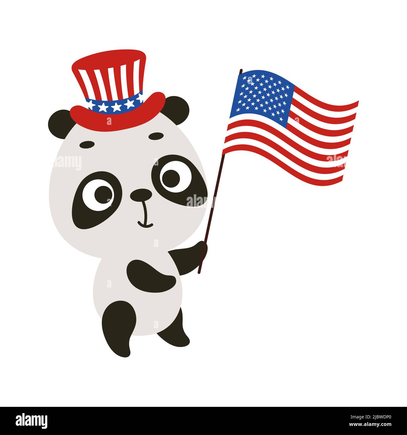 Cute little panda holding flag of United States in patriotic hat ...