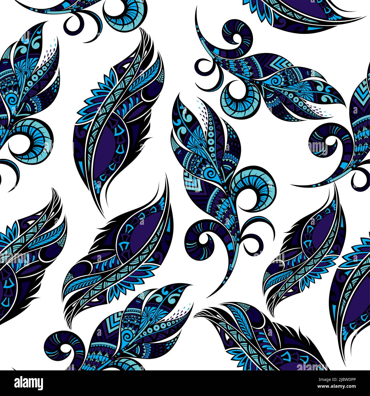 Seamless pattern with vector set of abstract blue feathers with ...