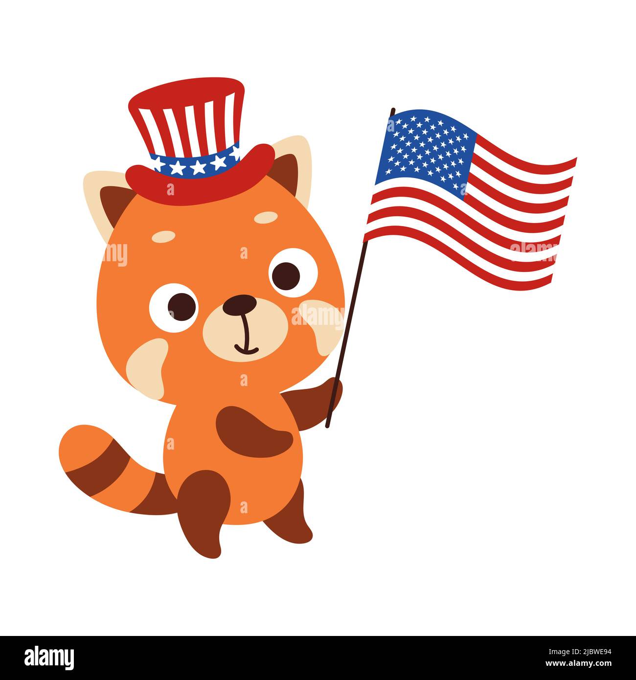 Cute little red panda holding flag of United States in patriotic hat ...