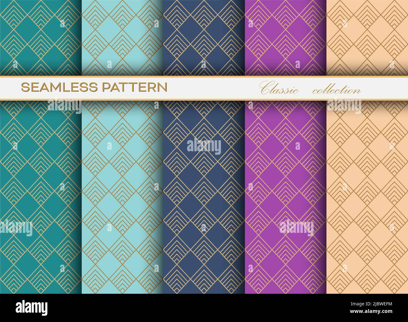 set of classic seamless decorative patterns with a golden openwork grid ...