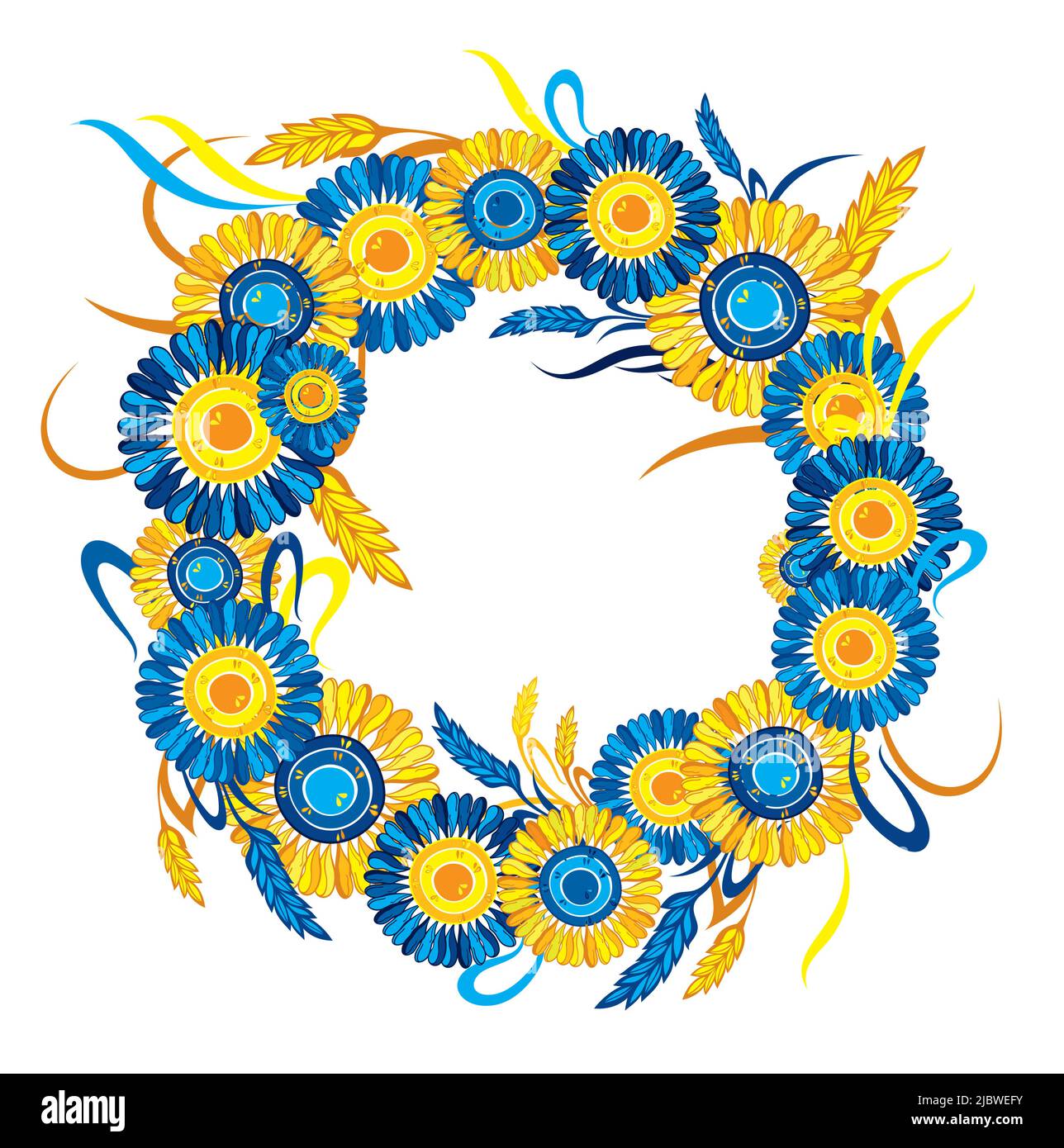 Ukrainian floral wreath, colorful ribbon, yellow sunflower icon