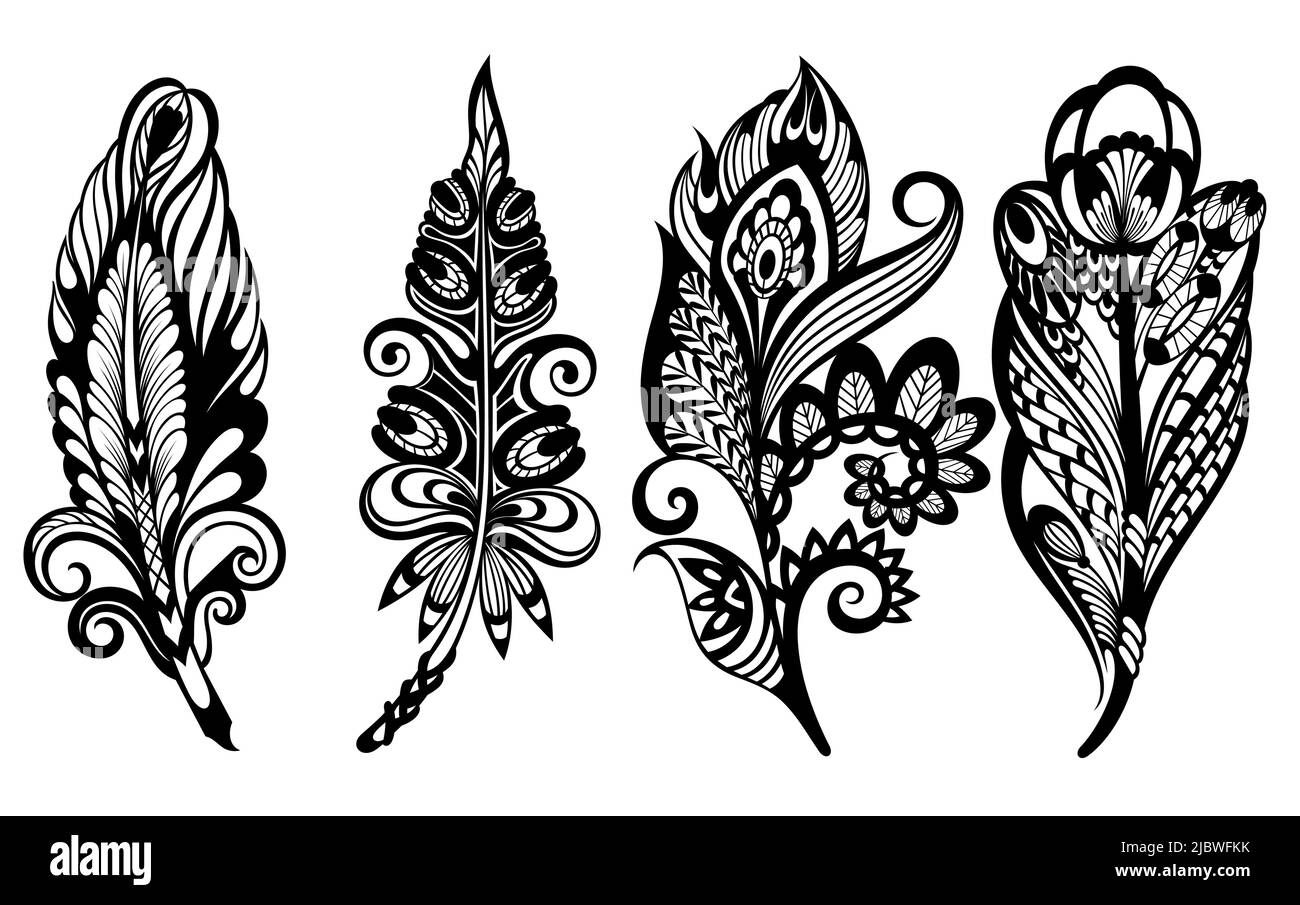 Set of Various Feather Illustration Design, Black Feather Silhouette