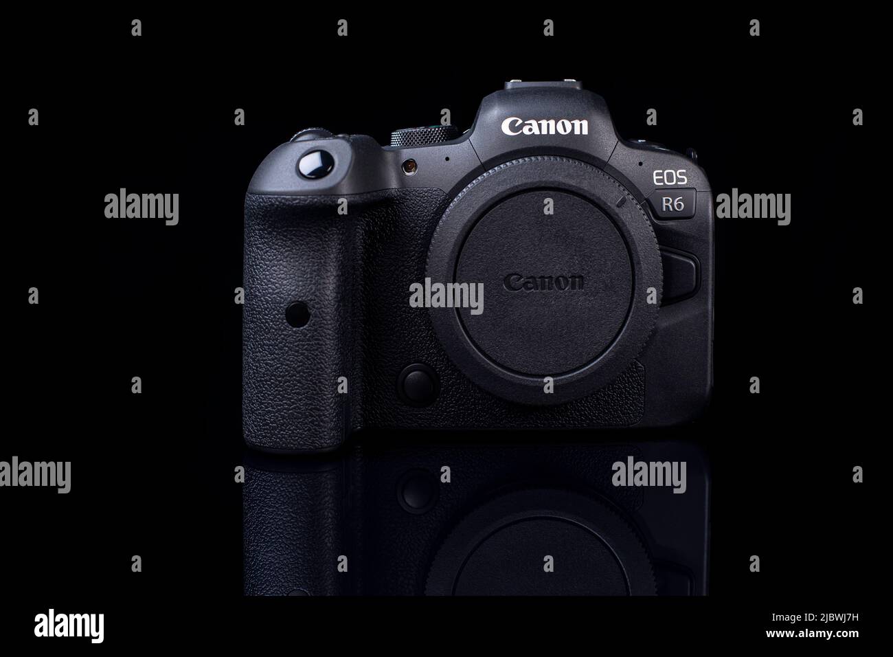 Galati, Romania - October 12, 2021: Canon R6 Full Frame Mirrorless Camera on black Background. Stock Photo