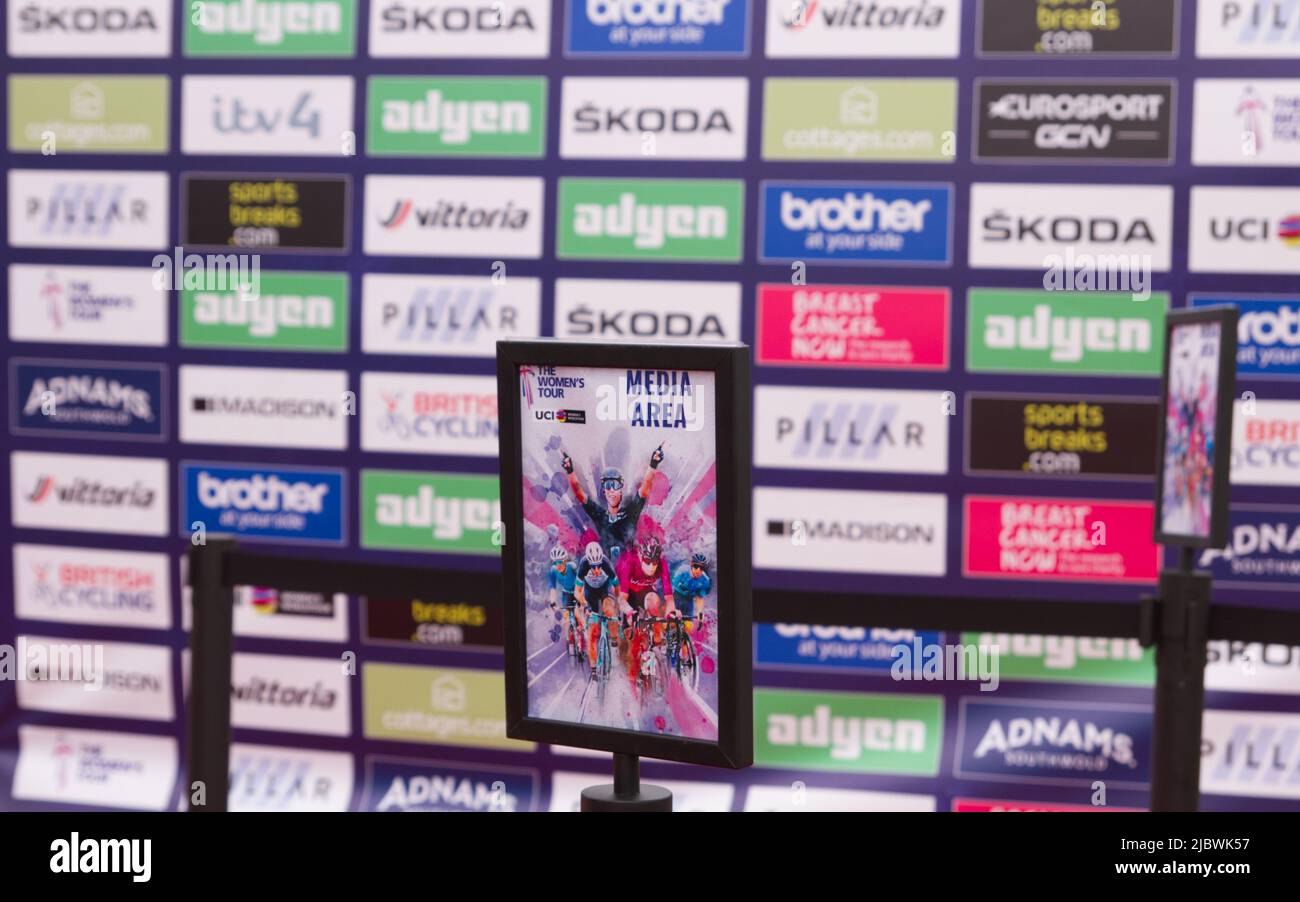 Sign for media area in front of sponsors names for the Women's Cycling Tour of Britain 2022 at Colchester in Essex Stock Photo