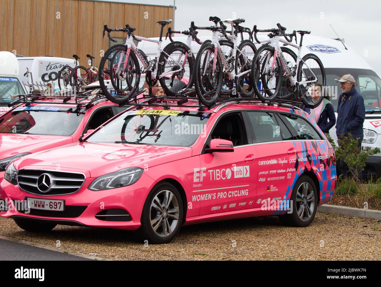 Team support car for EF Education-TIBCO-SVB parked at the Northern Gateway Sports Park in Colchester before stage one of the Women's Tour of Britain Stock Photo