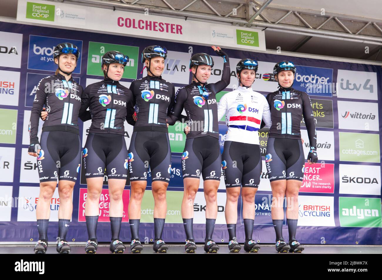 Women's cycling Team DSM being introduced to the crowd before stage one of the Women's Tour of Britain 2022 at Colchester in Essex. Stock Photo