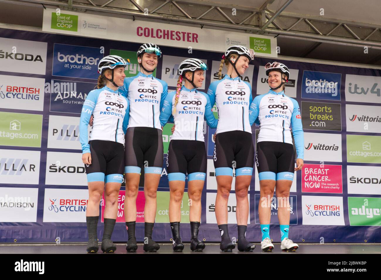 Women's cycling Team COOP-Hitec Products being introduced to the crowd before stage one of the Women's Tour of Britain 2022 at Colchester in Essex. Stock Photo