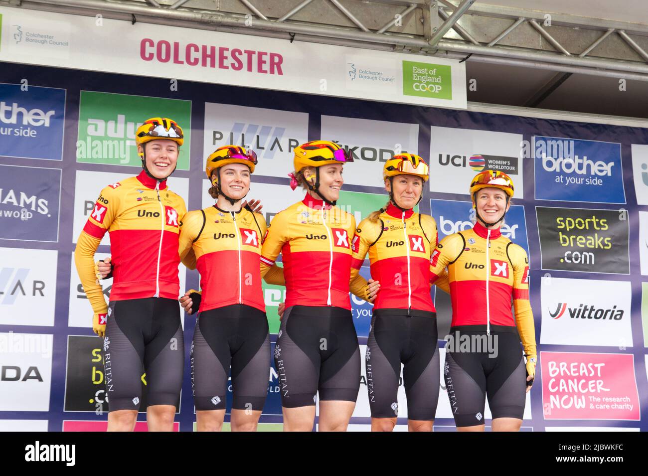 Women's Uno-X Pro Cycling Team being introduced to the crowd before stage one of the Women's Tour of Britain 2022 at Colchester in Essex. Stock Photo