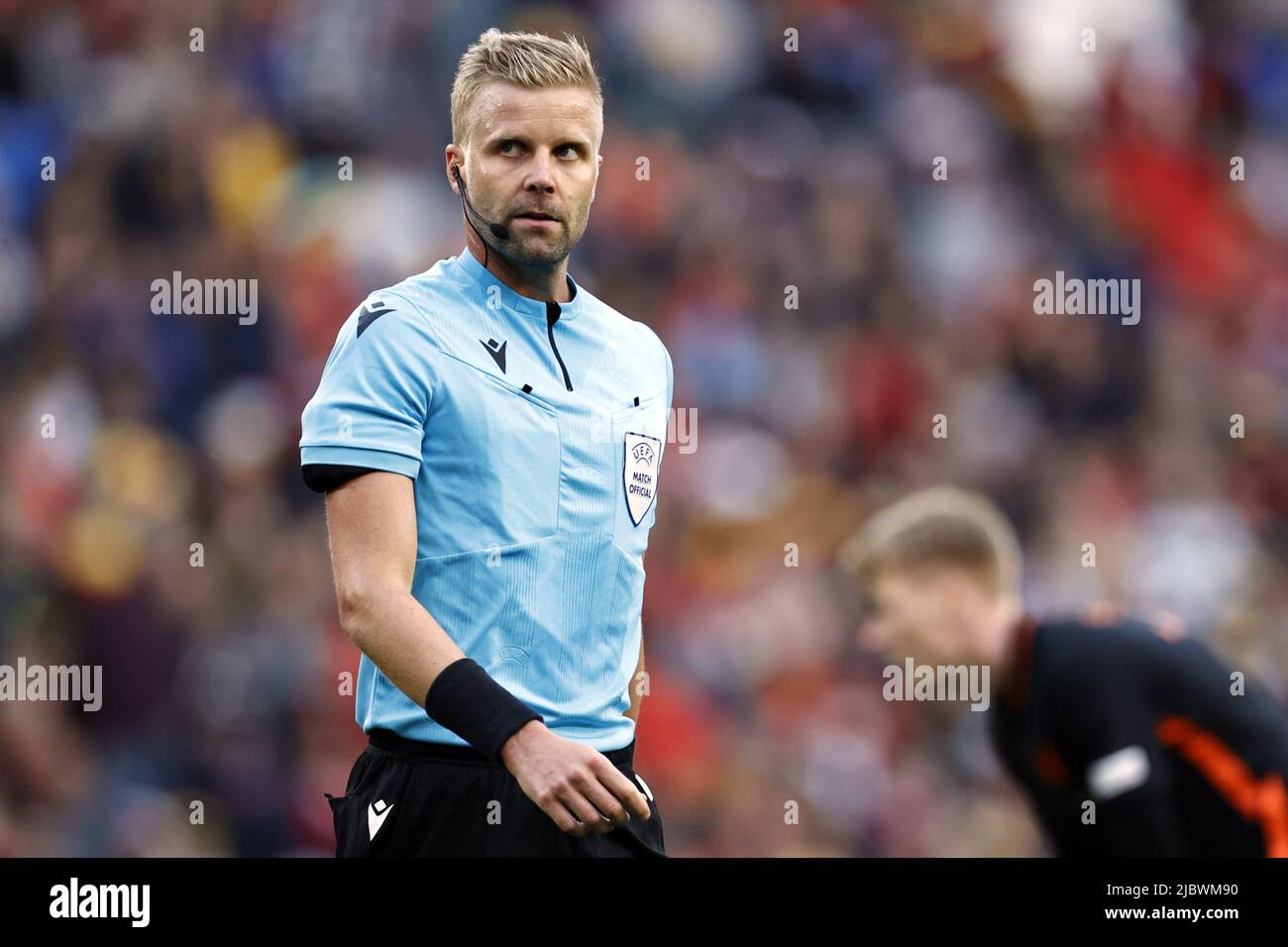 CARDIFF - Referee Glenn Nyberg during the UEFA Nations League match between Wales and the Netherlands at Cardiff City Stadium on June 8, 2022 in Cardiff, Wales. ANP MAURICE VAN STEEN Stock Photo