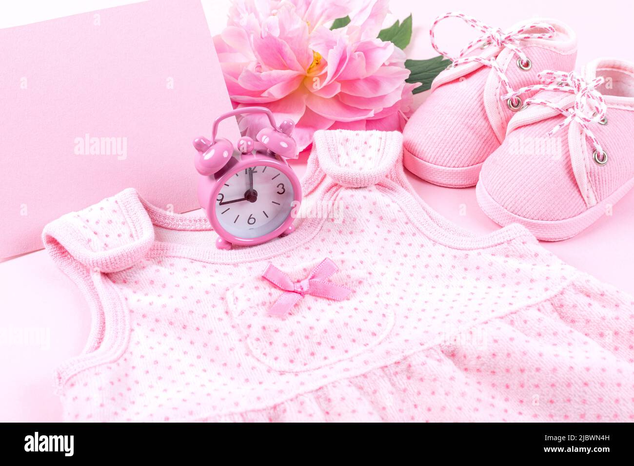 Pink baby girl clothes and peony flower on pink background. Baby birthday,  invitation or greeting card. Copy space. Flat lay Stock Photo - Alamy, image size:1300x956