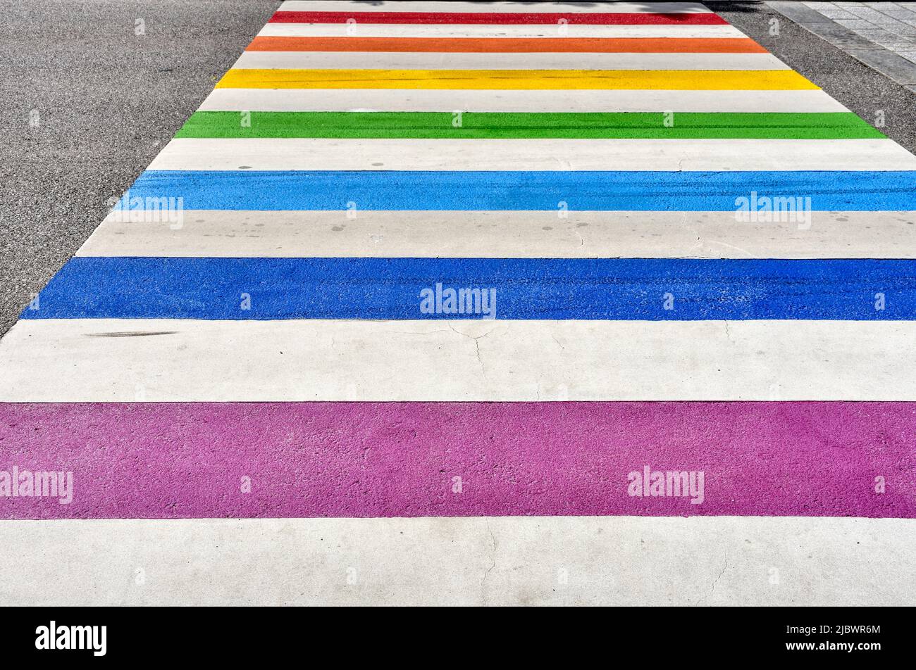 Zebrastreifen, bunt, Streifen, Farbe, Regenbogen, Regenbogenfarben, Schutzweg, farbenfroh, LGBTIQ, Lesbisch, Schwul, Bisexuell, Transsexuell, Intersex Stock Photo