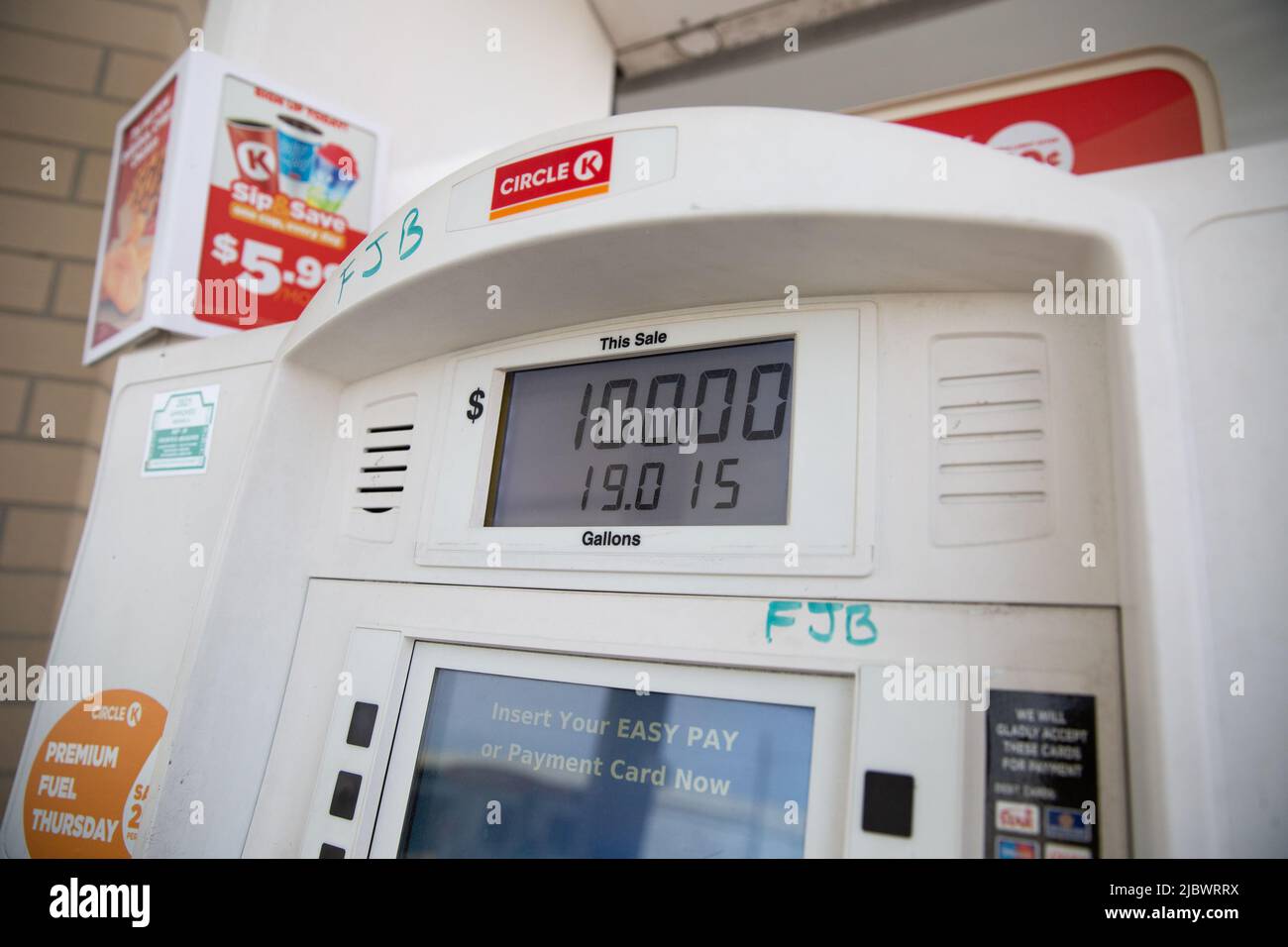 Carmel, USA. 08th June, 2022. The letters 'FJB' were written on a gas pump at a Circle K in Carmel, IN. The price of gas continues to increase throughout the country due to supply chain issues and production issues as a result of the war in the Ukraine. (Photo by Jason Bergman/Sipa USA) Credit: Sipa USA/Alamy Live News Stock Photo