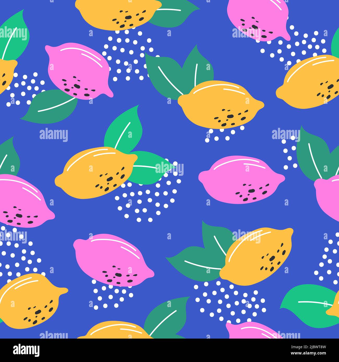 Tropical seamless pattern with yellow and pink lemons isolated on blue ...