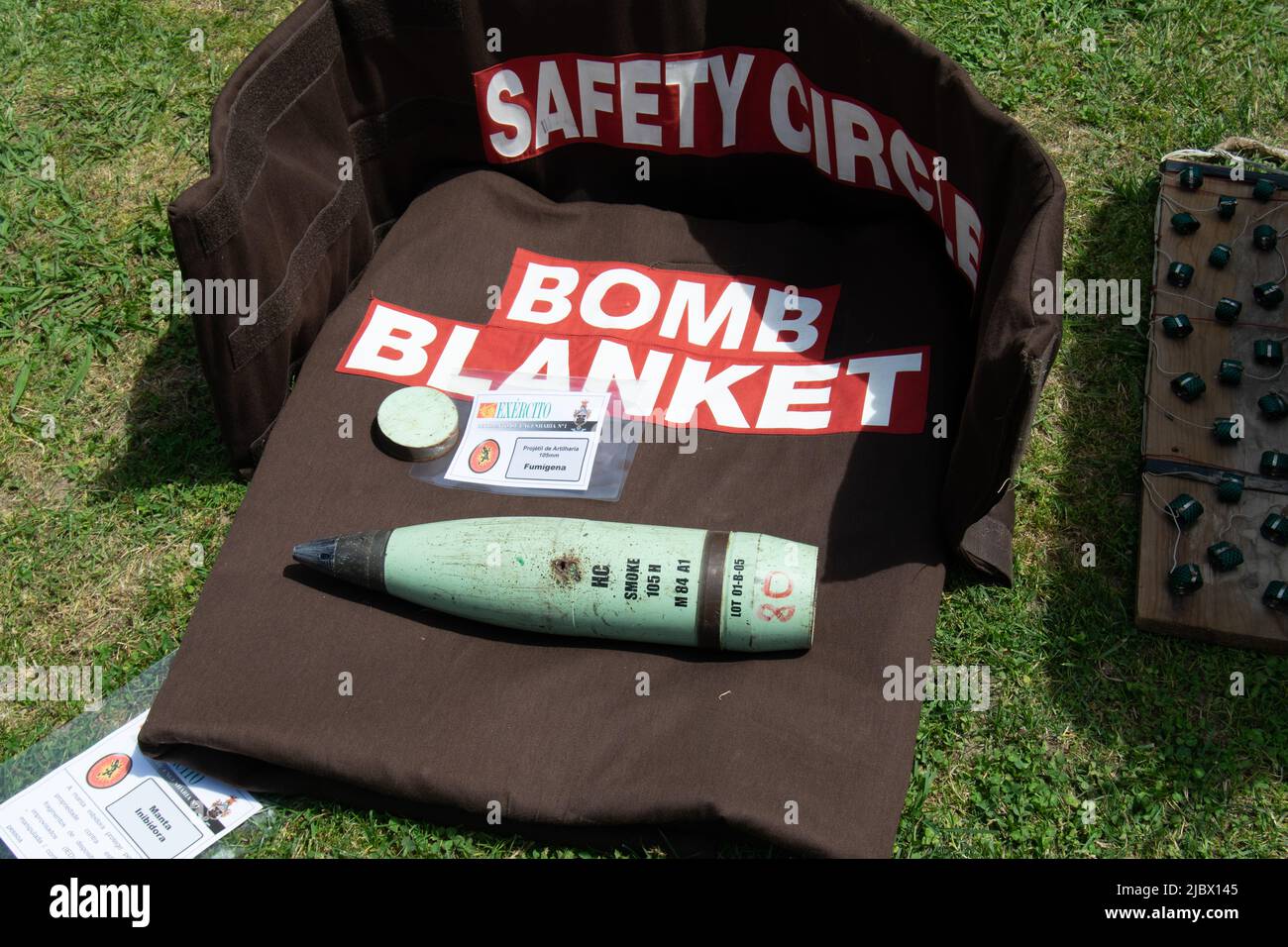 Safety bomb blanket used in bomb defusing activities by special forces. Anti terrorism and handling explosives. Safety circle. Stock Photo