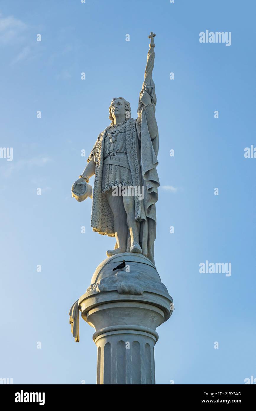 Christopher Columbus statue and column  on Plaza Colón in Old San Juan, Puerto Rico. Stock Photo