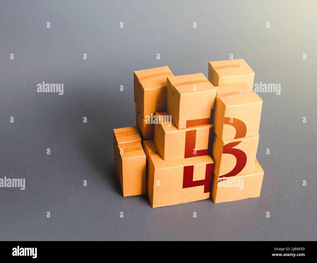 Boxes with thai baht symbol. Manufacturing industry and trade. Retail of products. Consumption economics, imports exports. Gross Domestic Product, GDP Stock Photo