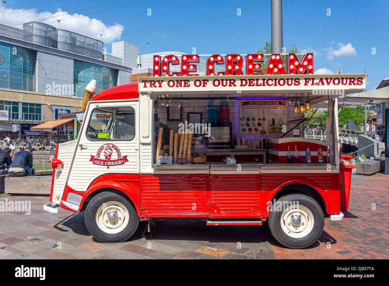 Ice cream van in The Oracle Riverside shopping centre, Reading, Berkshire, England, United Kingdom Stock Photo