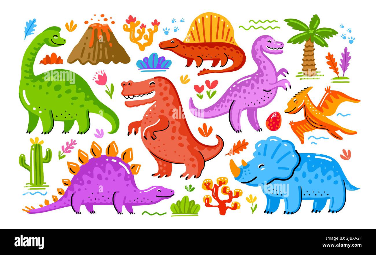 Set of cute colored dinosaurs. Funny animals concept. Vector illustration in cartoon style Stock Vector