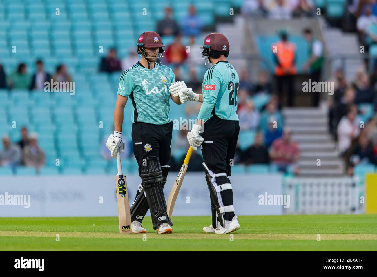 LONDON, UNITED KINGDOM. 08th Jun, 2022. Will Jacks of Surrey Cricket Club (left) and Jason Roy of Surrey Cricket Club (right) during Vitality Blast - Surry vs Sussex Sharks at The Kia Oval Cricket Ground on Wednesday, June 08, 2022 in LONDON ENGLAND.  Credit: Taka G Wu/Alamy Live News Stock Photo