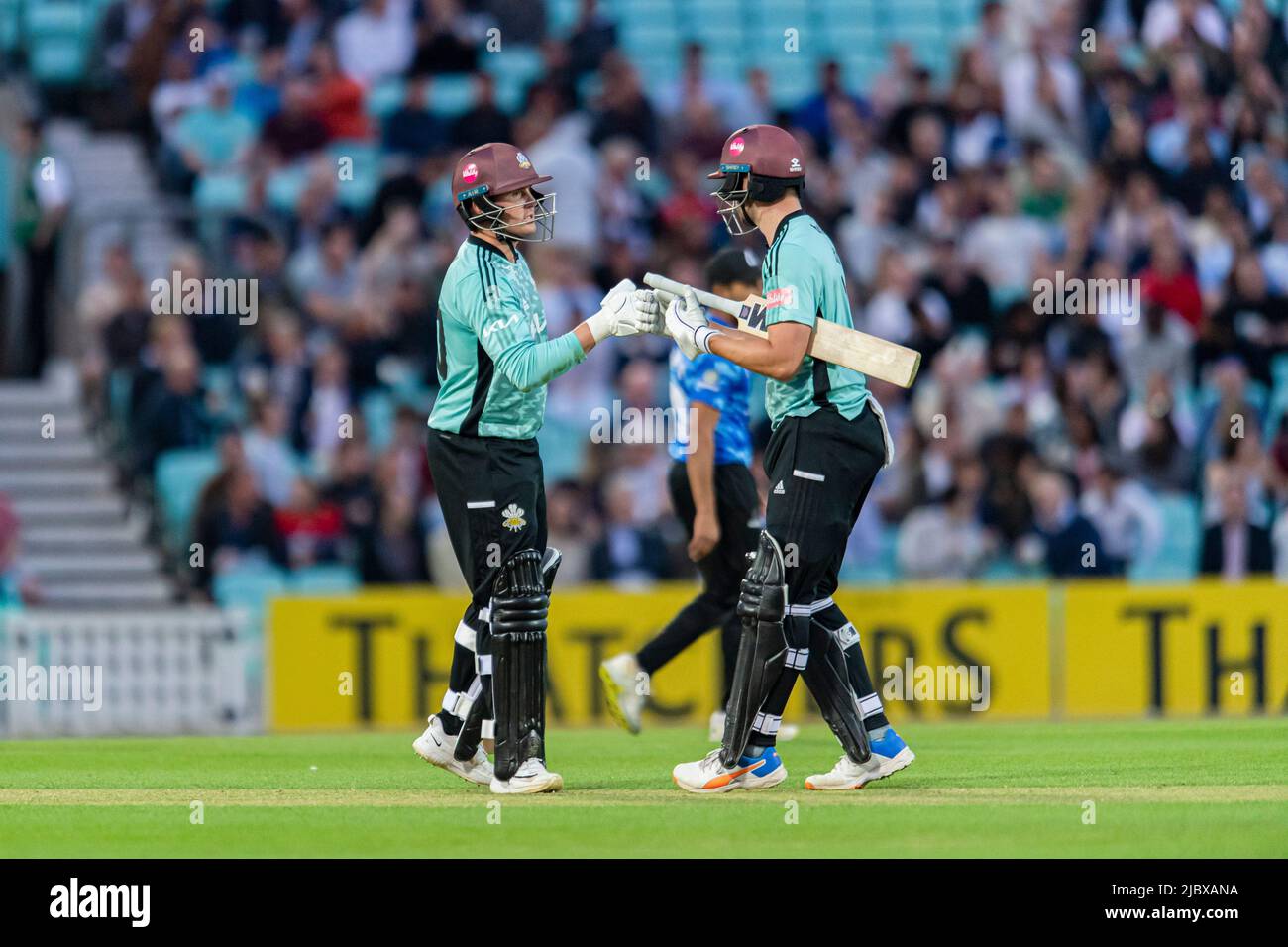 LONDON, UNITED KINGDOM. 08th Jun, 2022. Jason Roy of Surrey Cricket Club (left) and Will Jacks of Surrey Cricket Club (right) during Vitality Blast - Surry vs Sussex Sharks at The Kia Oval Cricket Ground on Wednesday, June 08, 2022 in LONDON ENGLAND.  Credit: Taka G Wu/Alamy Live News Stock Photo