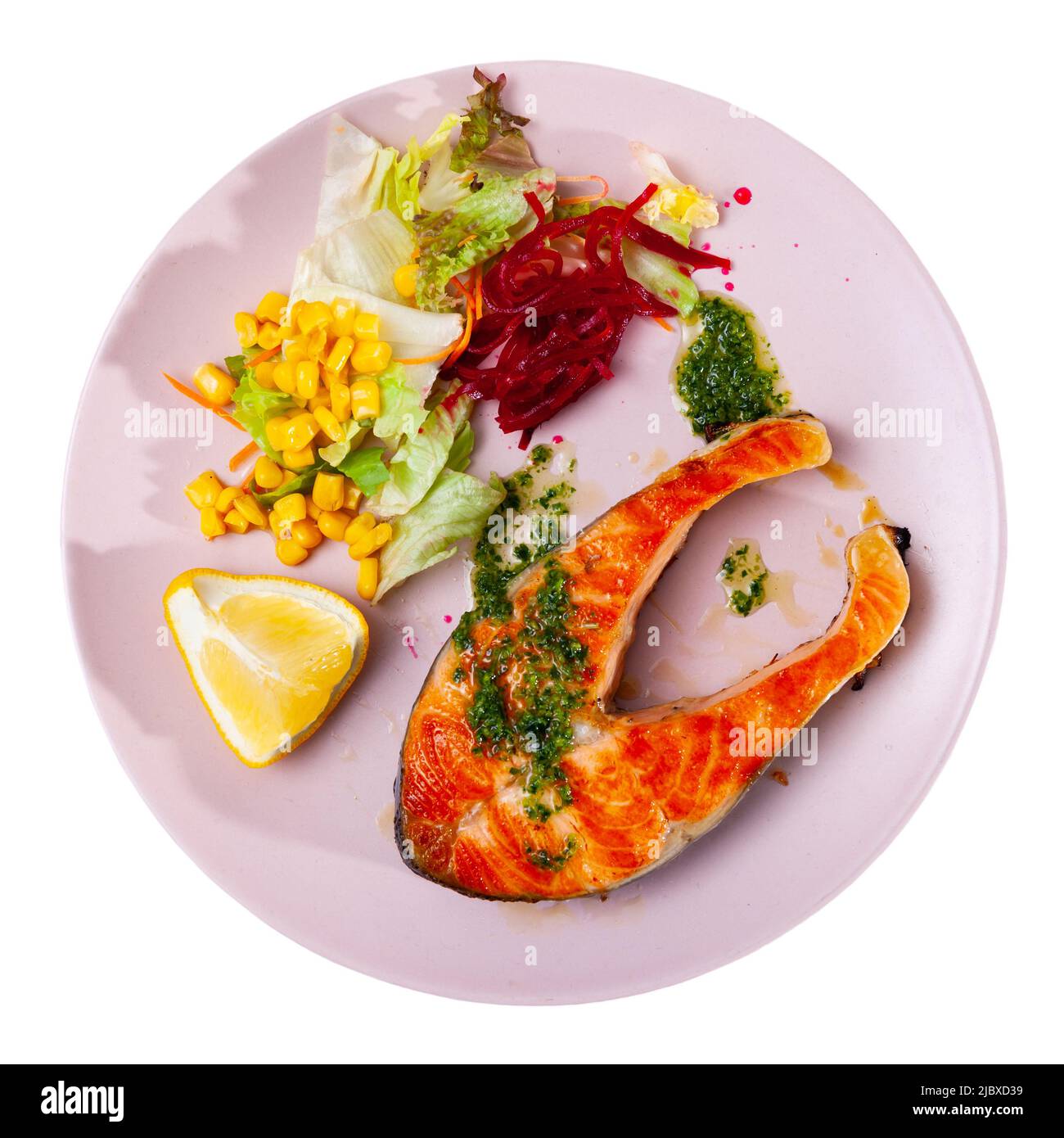 Grilled salmon steak with salad Stock Photo