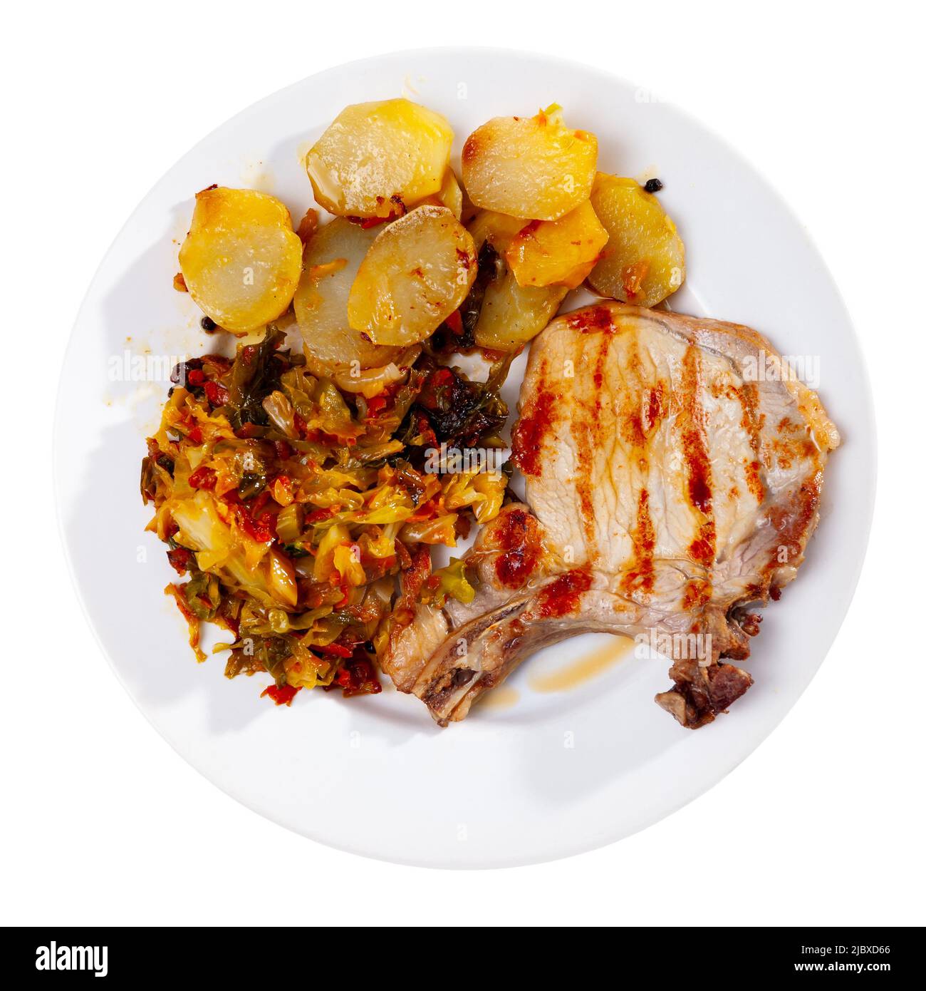 Pork with potatoes and stewed cabbage Stock Photo