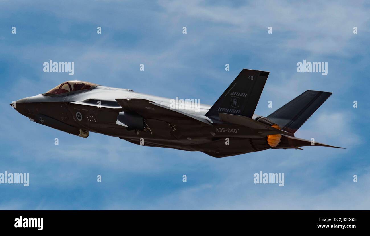 A Royal Australian Air Force RAAF F 35A takes off during Black Flag 22 1 at Nellis Air Force Base Nevada May 10 2022. The F 35 s advanced sensors and data fusion allow it to