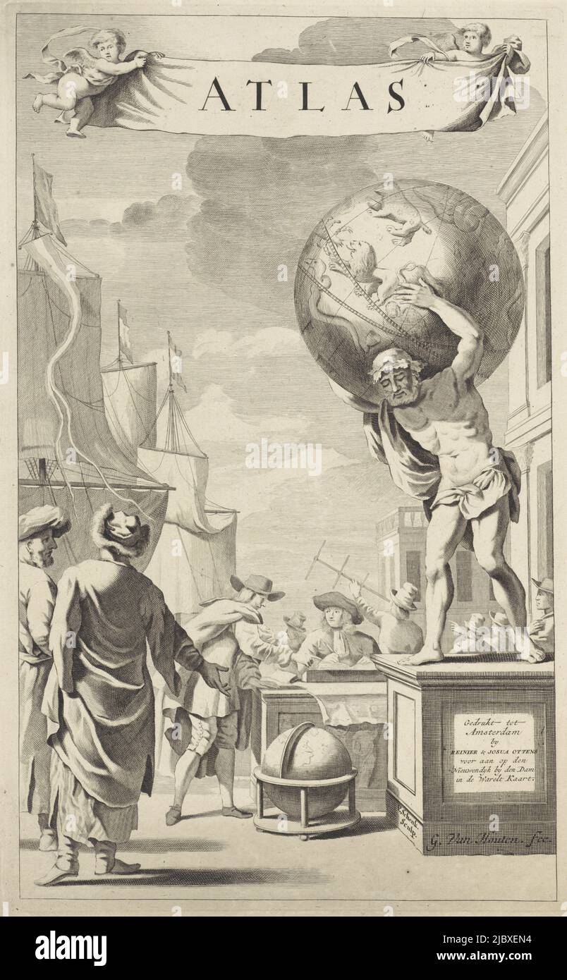 Some merchants and seafarers stand near a statue of Atlas that ...