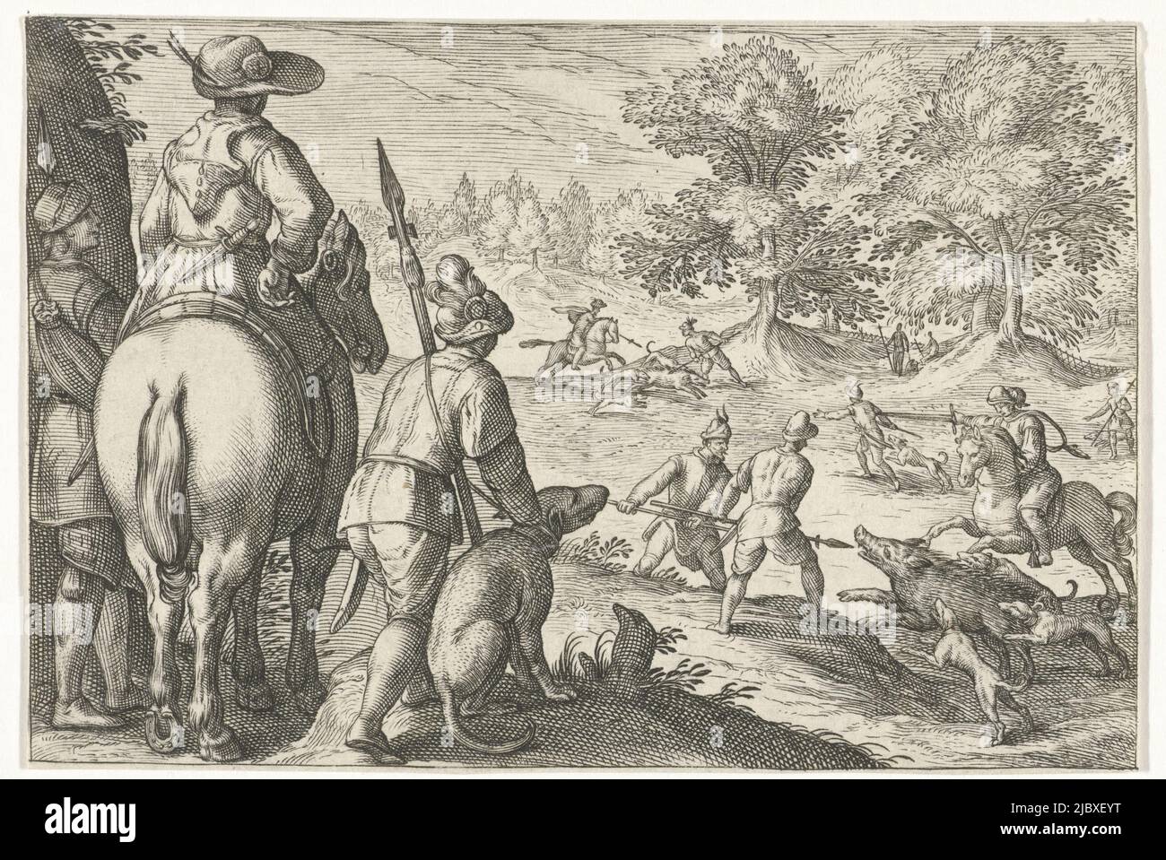 Hilly landscape with hunters and horsemen with spears hunting wild boar. On the left in the foreground a horseman, two men with spears and a dog, seen from behind. Print from a series of hunting scenes, Landscape with wild boar hunting Hunting scenes (title series) Icones Venantum Species Varias Representantes (title series), print maker: Egbert Jansz., Antonio Tempesta, publisher: Johann Theodor en Johann Israel de Bry, Zuid-Nederland, 1598, paper, engraving, h 85 mm × w 118 mm Stock Photo