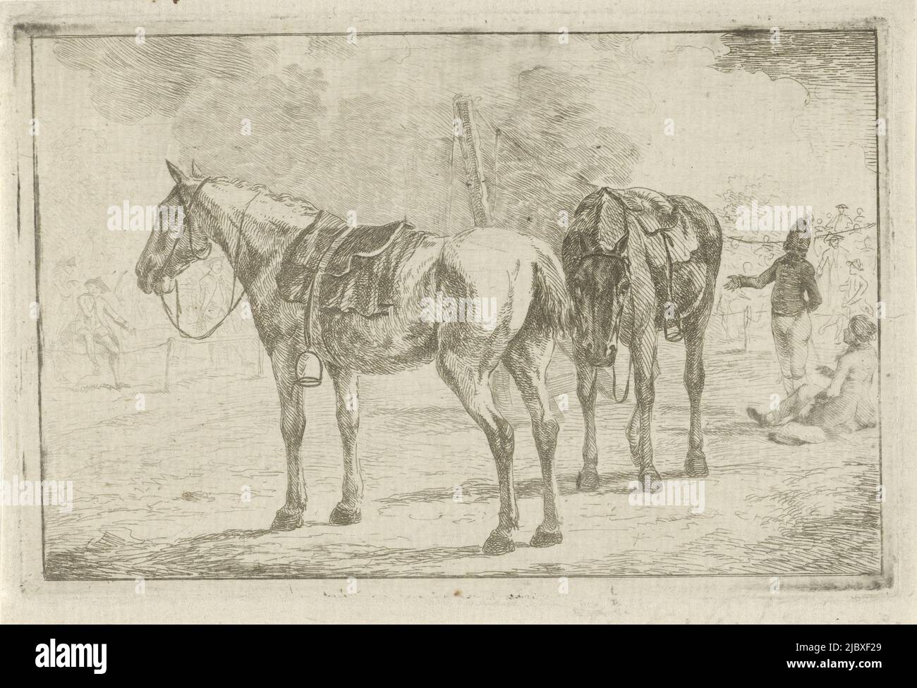 An army camp with two saddled horses in the foreground. On the right a grenadier is having a conversation with a soldier sitting on the ground, two saddled horses at an army camp., print maker: Dirk Langendijk, 1758 - 1805, paper, etching, h 95 mm × w 143 mm Stock Photo