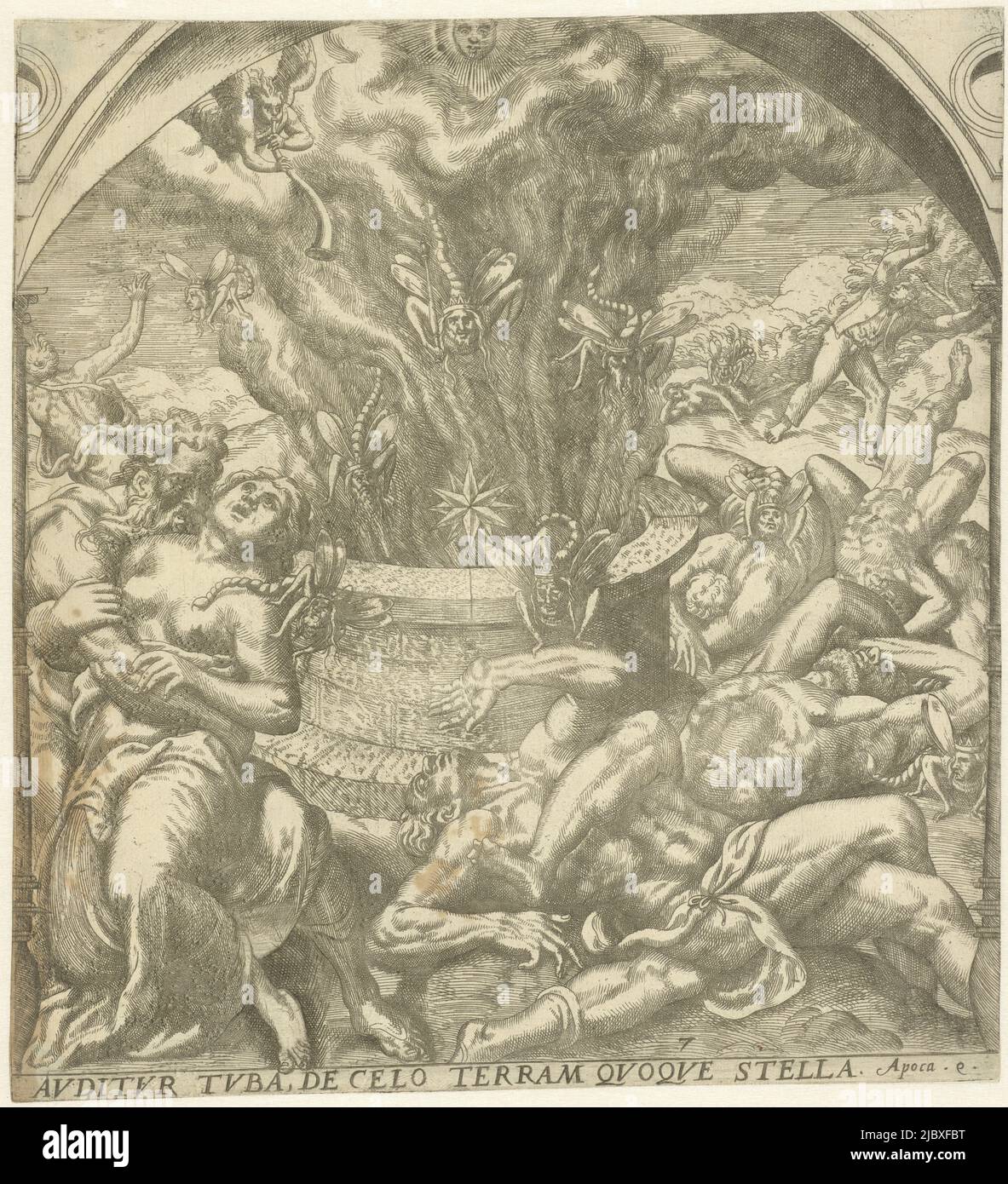 The fifth angel flies through the air and blows his trumpet. From a well in the foreground comes a dark cloud that darkens the sun. Numerous monstrous locusts with crowned human heads also emerge from the well. They stab people with their scorpion tails, Grasshopper plague after the fifth trumpet blast Avditvr tvba, the celo terram qvoqve stella, Revelation of John (series title)., print maker: Gerard van Groeningen, Antwerp, 1563 - 1574, paper, etching, engraving, h 267 mm × w 246 mm Stock Photo