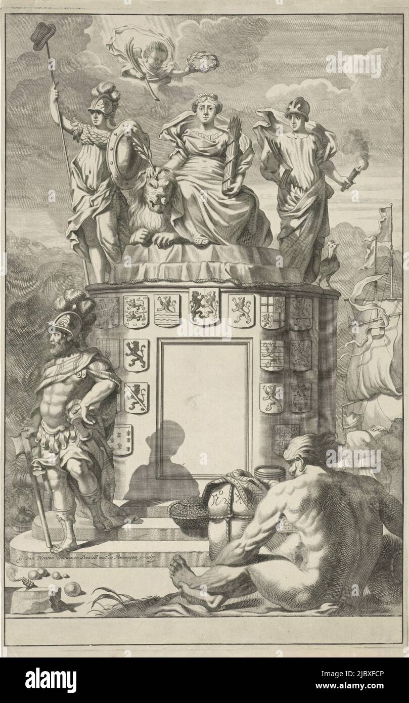 Allegory of the victorious Habsburg Netherlands: the Dutch Virgin enthroned on a pedestal with the coats of arms of the Seventeen Provinces, and praised by an angel. She is flanked by Freedom and Vigilance. In the foreground a warlord and a river god. By an empty margin, Allegory of the victorious Habsburg Netherlands., print maker: Daniël met de Penningen, (mentioned on object), intermediary draughtsman: Gerard van Houten, (mentioned on object), Amsterdam, 1685 - 1696, paper, engraving, h 472 mm × w 302 mm Stock Photo