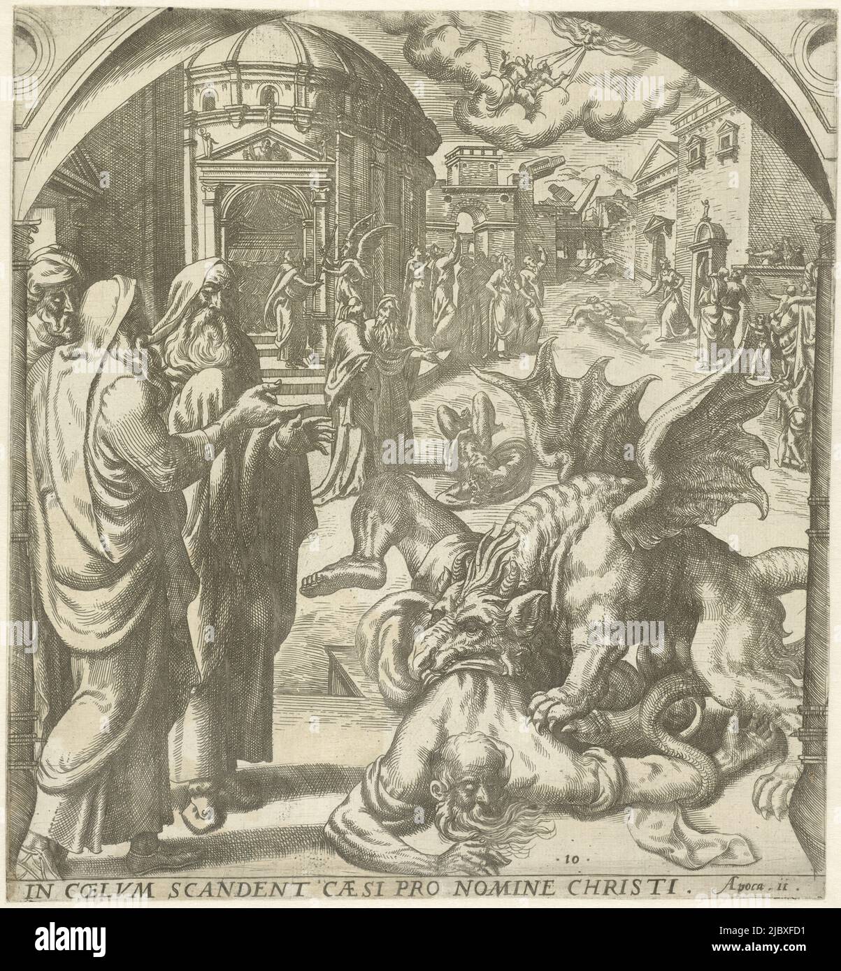 In a city, two witnesses of God are torn apart by a beast with wings. People come to watch the battle. In the background on the right the two witnesses are called to heaven by God. At that moment an earthquake comes and destroys the city. In the background on the left the apostle John measures the temple with a ruler (Op. 11: 1-13), Two witnesses of God are devoured by a beast Candelabra atqve stola grandae vvm cernis amictvm, Revelation of John (series title)., print maker: Gerard van Groeningen, Antwerp, 1563 - 1574, paper, etching, engraving, h 269 mm × w 245 mm Stock Photo