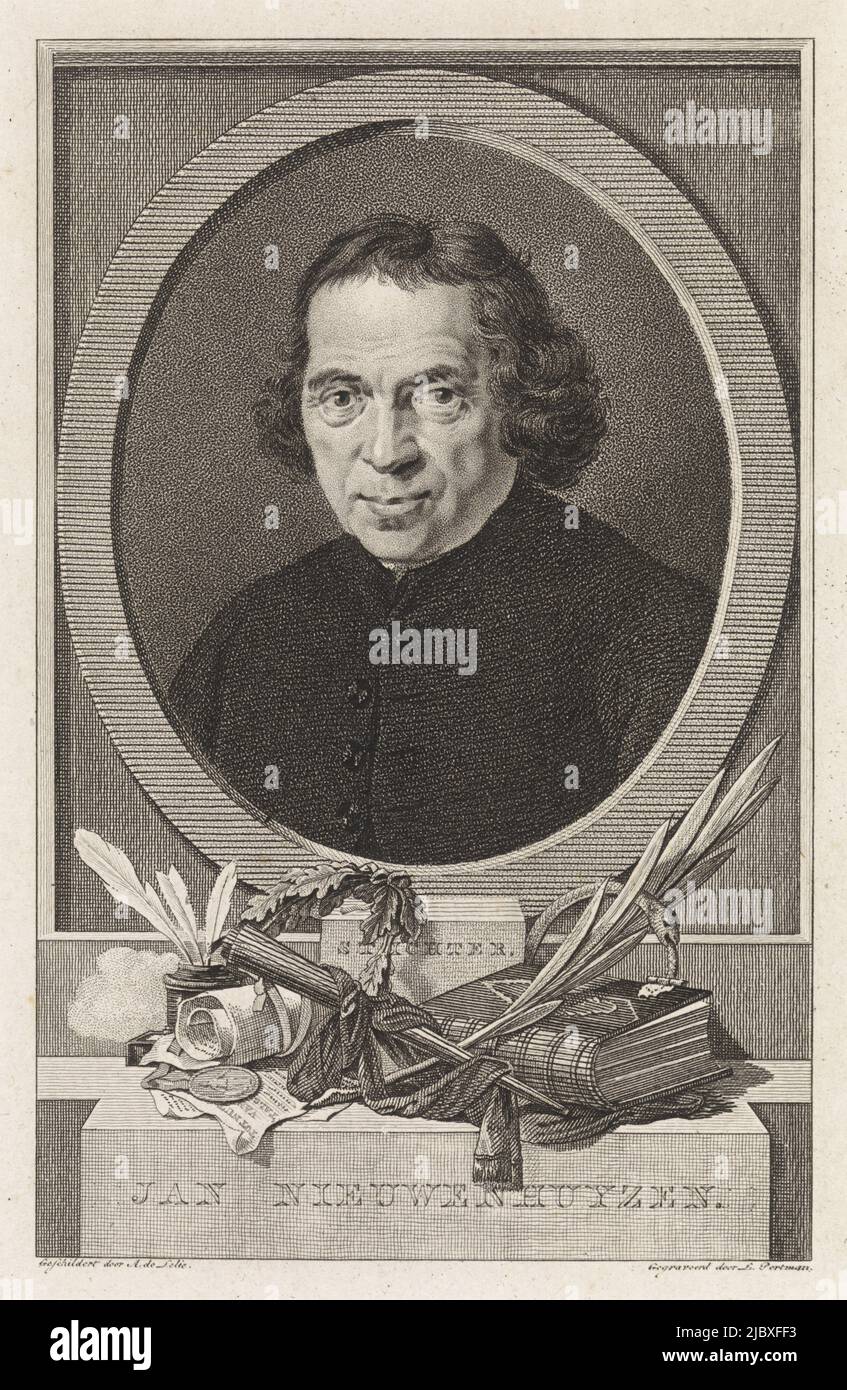 Portrait of the Baptist pastor Jan Nieuwenhuyzen. On the pedestal several attributes, including an inkwell with writing springs, a laurel wreath, a torch, the bible and ouroboros (snake biting its own tail), Portrait of Jan Nieuwenhuyzen., print maker: Ludwig Gottlieb Portman, (mentioned on object), after: Adriaan de Lelie, (mentioned on object), Amsterdam, 1794 - 1828, paper, etching, h 167 mm × w 111 mm Stock Photo