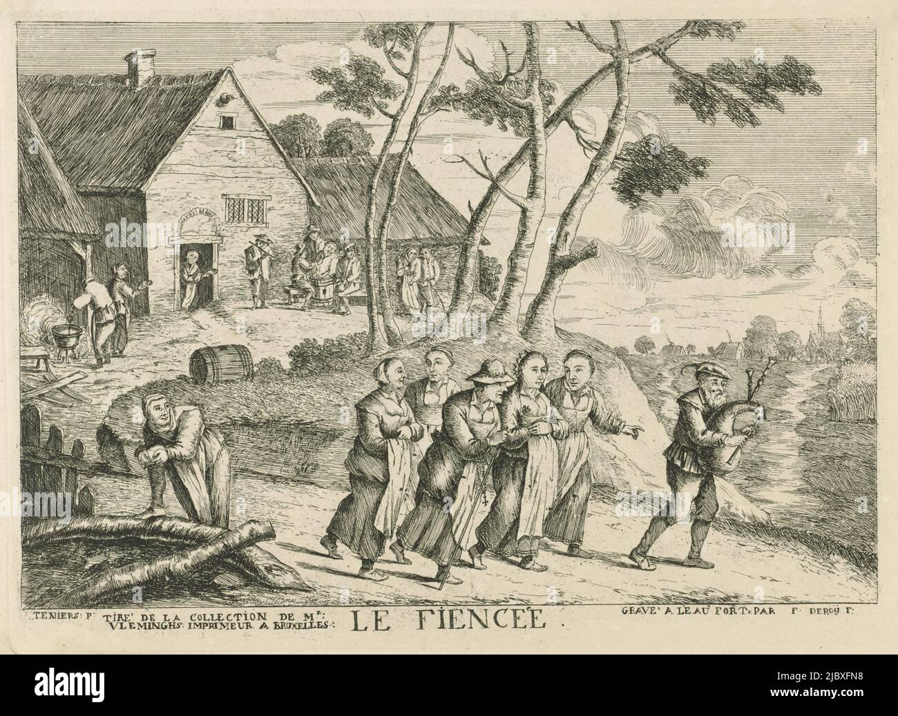 A bride (the woman with the crown) walks behind a bagpipe player, accompanied by four people. On the left a house with several figures, Bride Le Fiencée., print maker: François Deroy, (mentioned on object), after: David Teniers, (mentioned on object), Southern Netherlands, 1758 - 1762, paper, etching, h 198 mm × w 270 mm Stock Photo