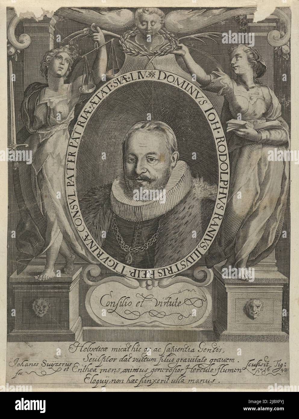 Portrait of Johann Rudof Rahn, print maker: Johann Schweizer, (mentioned on object), 1648, paper, engraving, h 292 mm × w 200 mm Stock Photo