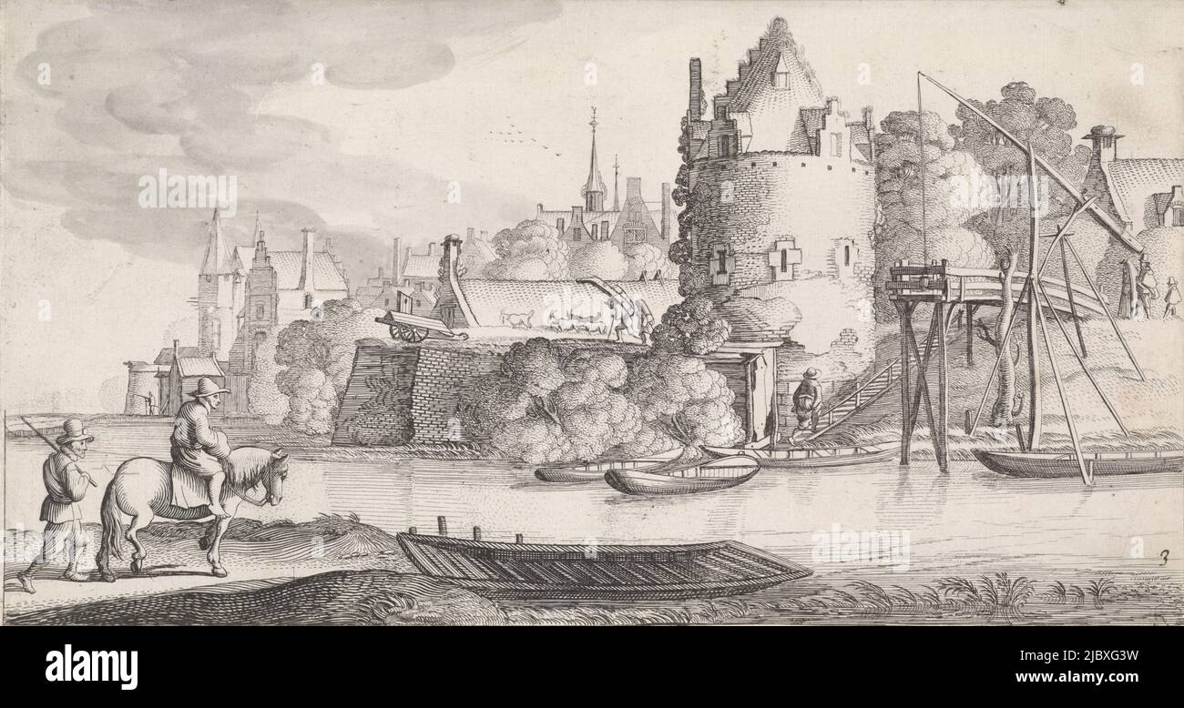 A horseman and a walker at a ferry, near a city by a river. Third print of a series of 36 prints of landscapes, divided into six parts, City by a river Playsante landscapes and entertaining poems (title series)., print maker: Jan van de Velde (II), Jan van de Velde (II), Northern Netherlands, 1639 - 1641, paper, etching, brush, pen, h 150 mm × w 280 mm Stock Photo