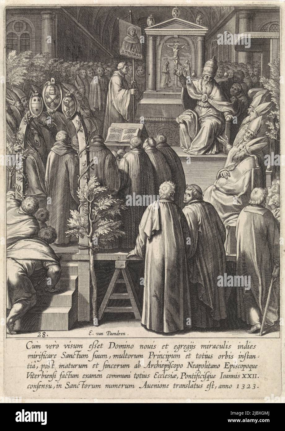 Church interior with Pope John XXII pointing to an image of Thomas Aquinas. He is surrounded by monks and bishops. In the margin a five-line caption in Latin. Twenty-eighth print in a series of thirty prints depicting the life story of Thomas Aquinas., Sanctification of Thomas Aquinas The Life of St. Thomas Aquinas (series title), print maker: Egbert van Panderen, (mentioned on object), Otto van Veen, publisher: Otto van Veen, Antwerp, 1610, paper, engraving, h 209 mm × w 147 mm Stock Photo