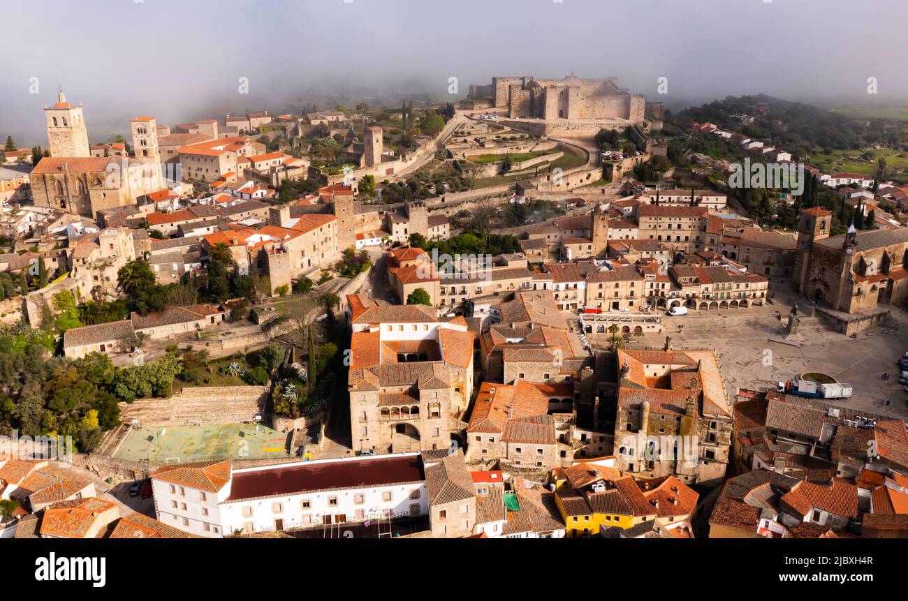 Aerial photo of foggy Trujillo, Province of Caceres, Spain Stock Photo