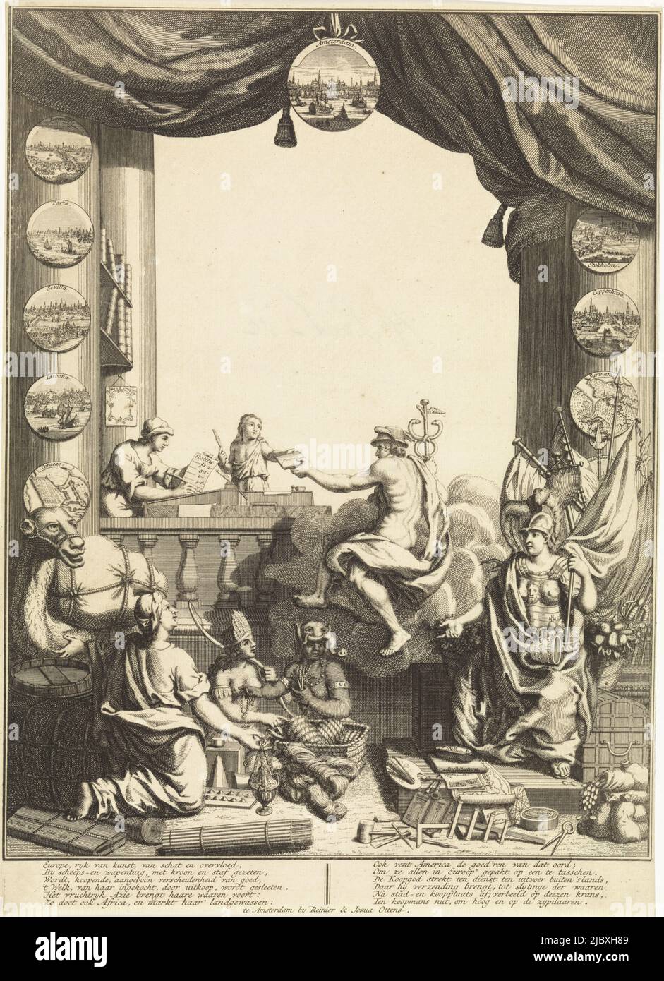 Mercury, in a cloud, gives an envelope to a boy, who is helping a man with his administration. In the foreground a packed camel and personifications of America, Africa, Asia and Europe. On the ground, objects related to trade, shipping and justice. On the columns on both sides are depictions of Suriname and several important European cities, with Amsterdam at the center. At the bottom of the print a poem praising Europe's trade with the rest of the world, Allegorical depiction of Mercury with personifications of Africa, America, Asia and Europe, print maker: Hendrik Post, (mentioned on object Stock Photo