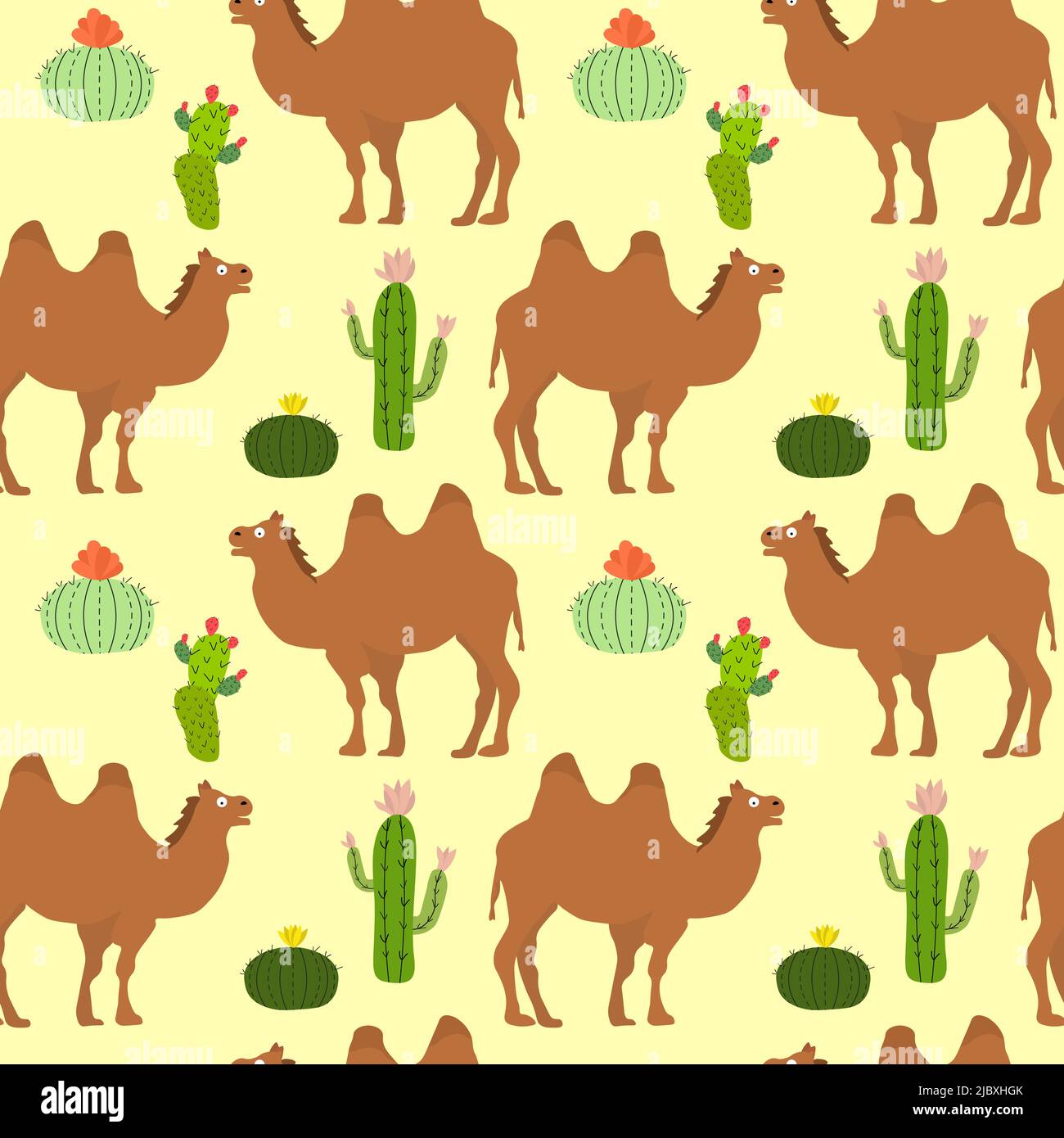 Pattern with cacti and camels. Vector illustration on a colored background.  Stock Vector