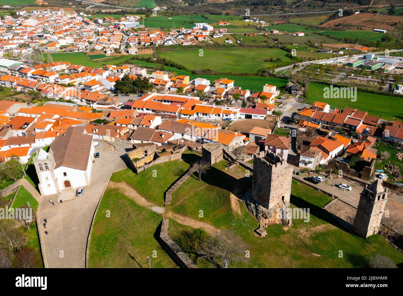 Aerial view of Portuguese township of Mogadouro with remains of castle Stock Photo