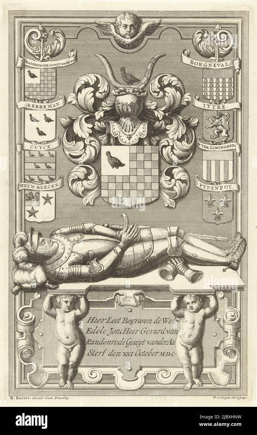 Tomb of Gerard van der Aa, nobleman of Randenrode, in the Grote- or Sint-Jacobskerk in The Hague. Van der Aa lies in armor on a platform supported by two putti. Above him are nine coats of arms, including that of his family., Tomb of Gerard van Randenrode van der Aa, print maker: Pieter van Cuyck (I), (mentioned on object), Pieter van Cuyck (I), (mentioned on object), publisher: Reinier Boitet, (mentioned on object), print maker: The Hague, The Hague, publisher: Delft, publisher: Amsterdam, 1730 - 1736, paper, engraving, etching, h 285 mm × w 178 mm Stock Photo