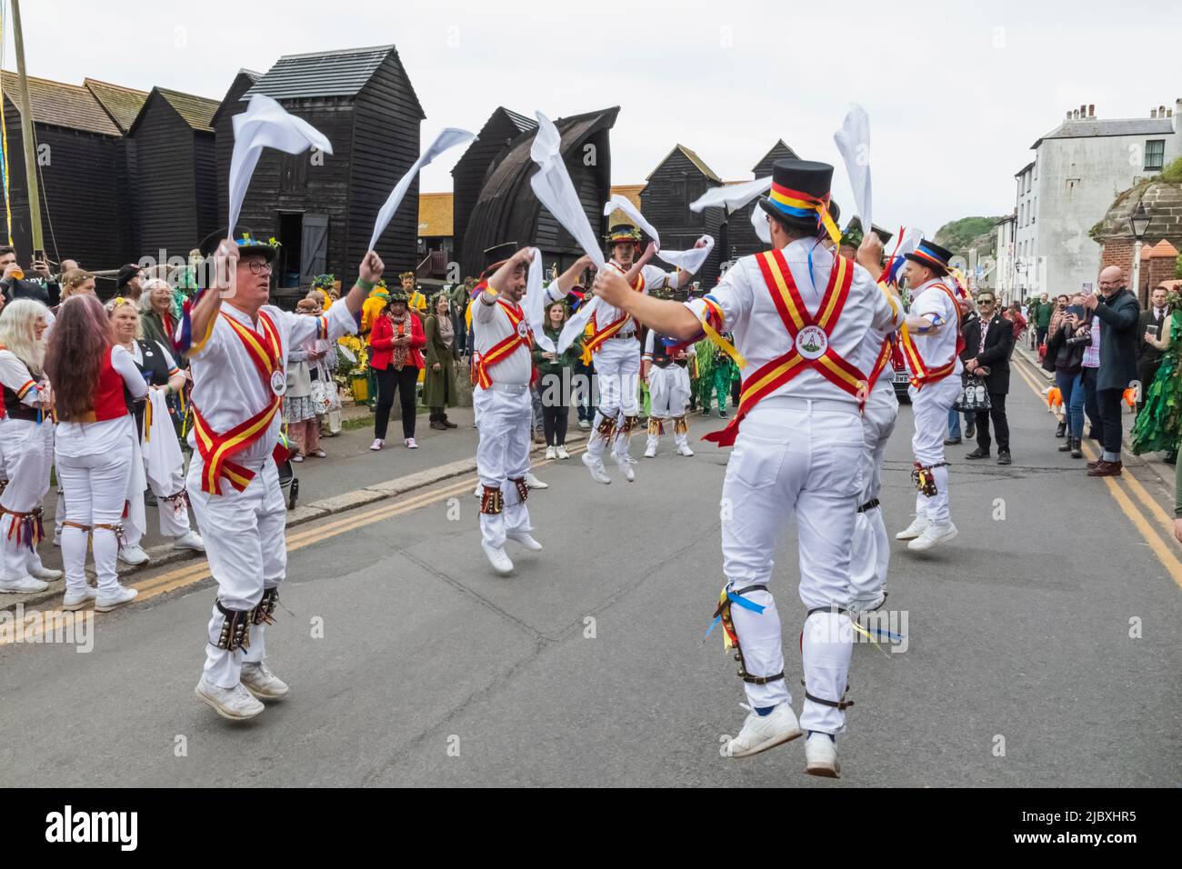England, East Sussex, Hastings, The Annual Jack in the Green Festival, Morris Dancers at the Jack in the Green Parade Stock Photo